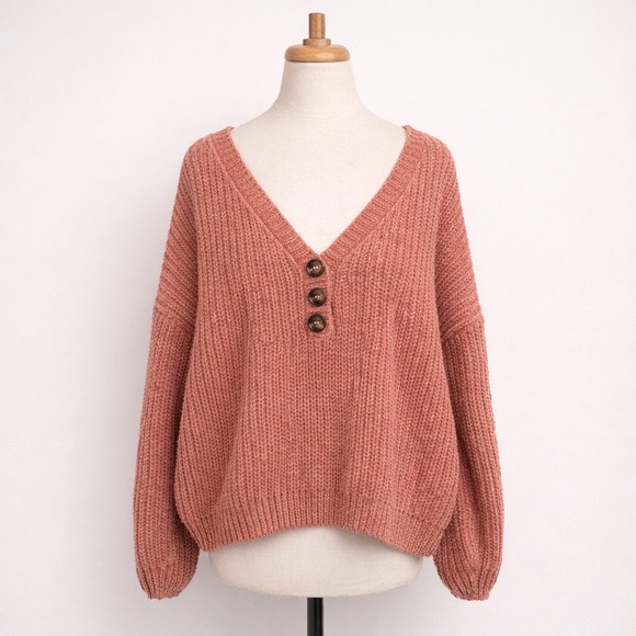 POL Oversized Button Front Knit Sweater Salmon Cozy S/M NWT - Picture 5 of 13